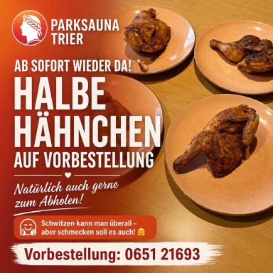 Halbe Hähnchen zur Vorbestellung in der Parksauna Trier